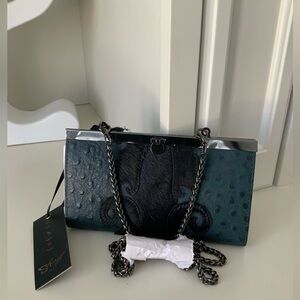 SHARIF 1827 Wallet On Chain Clutch Cross Body Purse Green Black Leather NEW